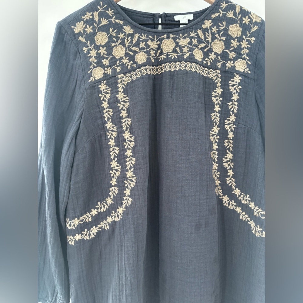 J. Jill Double Cloth Tunic Blouse in India Ink/Cashew Embroidery Size Large - Picture 4 of 5